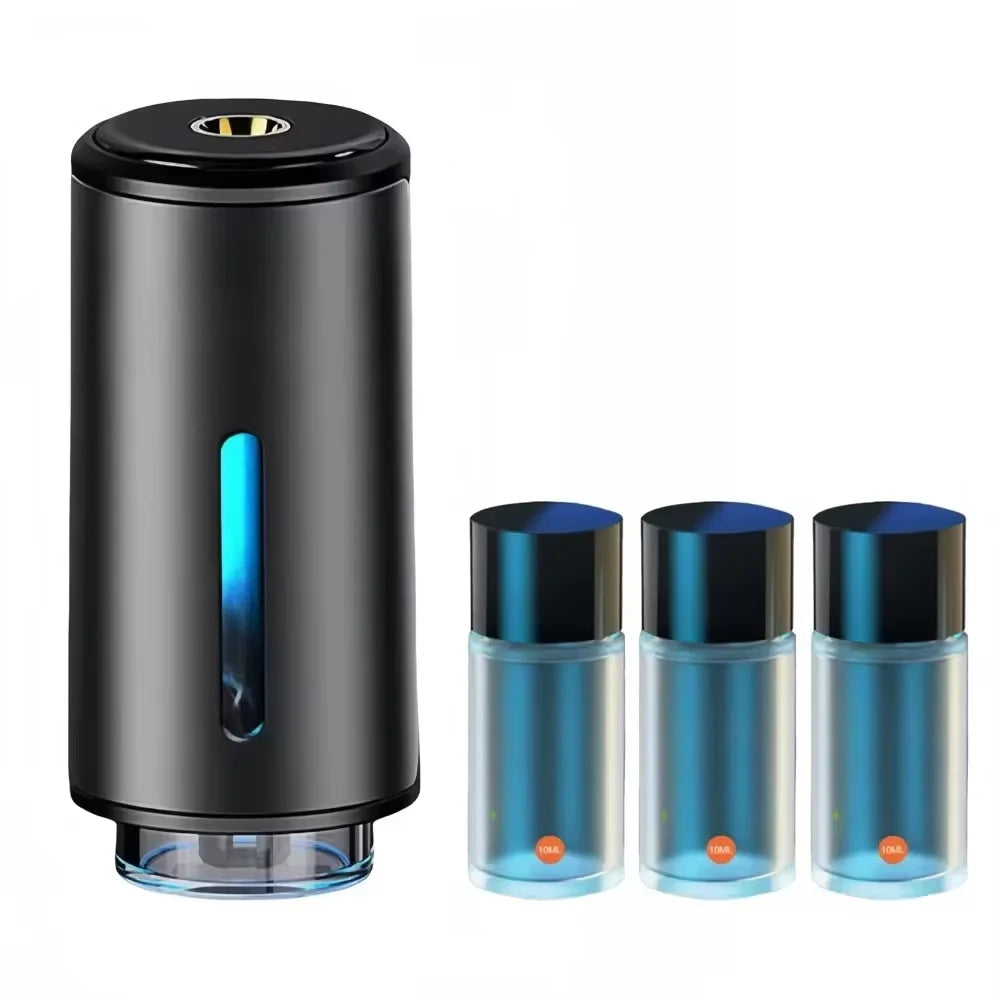 A sleek black aroma diffuser bottle with a blue liquid inside, designed for car air freshener.