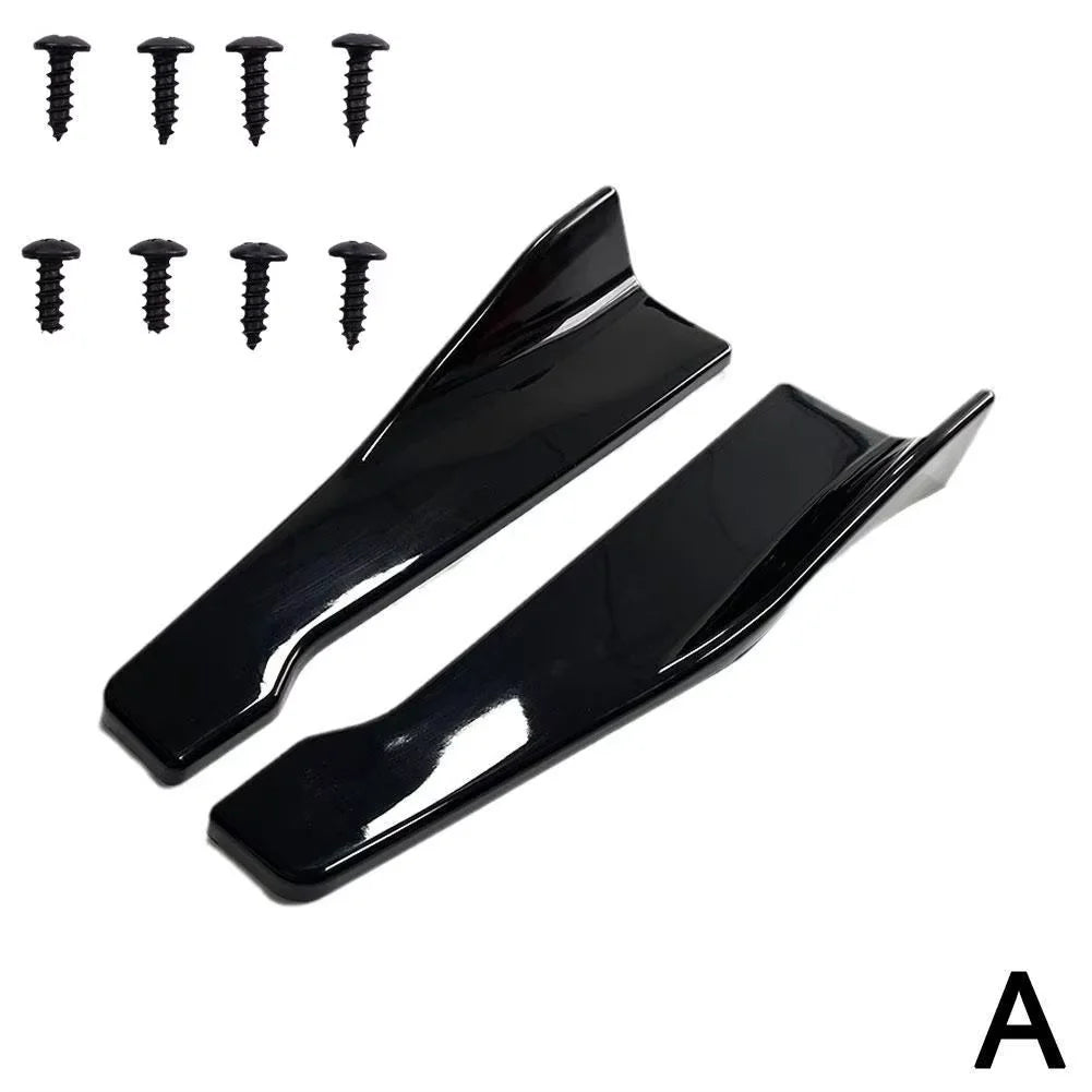 A set of black car bumper lip diffusers and screws for sport styling.