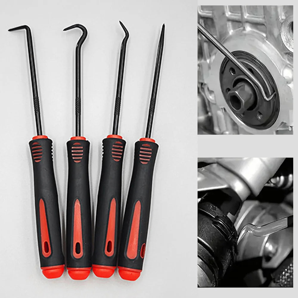 A set of black and orange precision oil seal and O-ring removal hooks with long shafts.