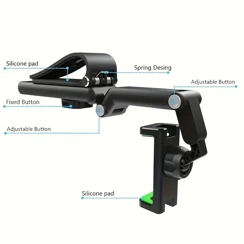 Black adjustable phone holder with silicone pads and spring design for rearview mirror or seat mounting