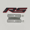 A black and red RS emblem badge and two silver metal bolts are displayed on a white background.