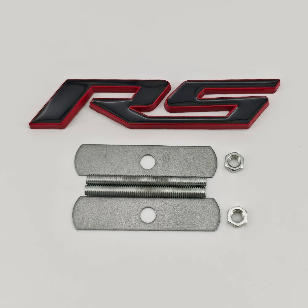 A black and red RS emblem badge and two silver metal bolts are displayed on a white background.