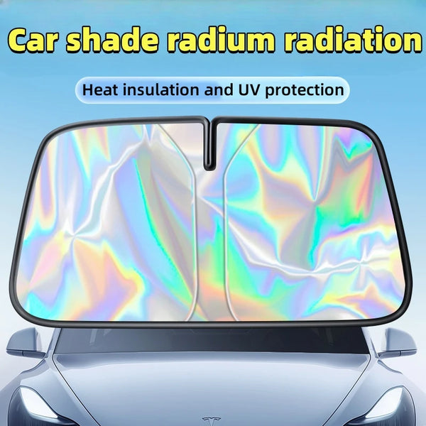A car shade radium radiation product showing heat insulation and UV protection on a vehicle windshield.