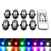 A row of twelve wireless RGB car LED lights with remote controls, showing various colors and modes.