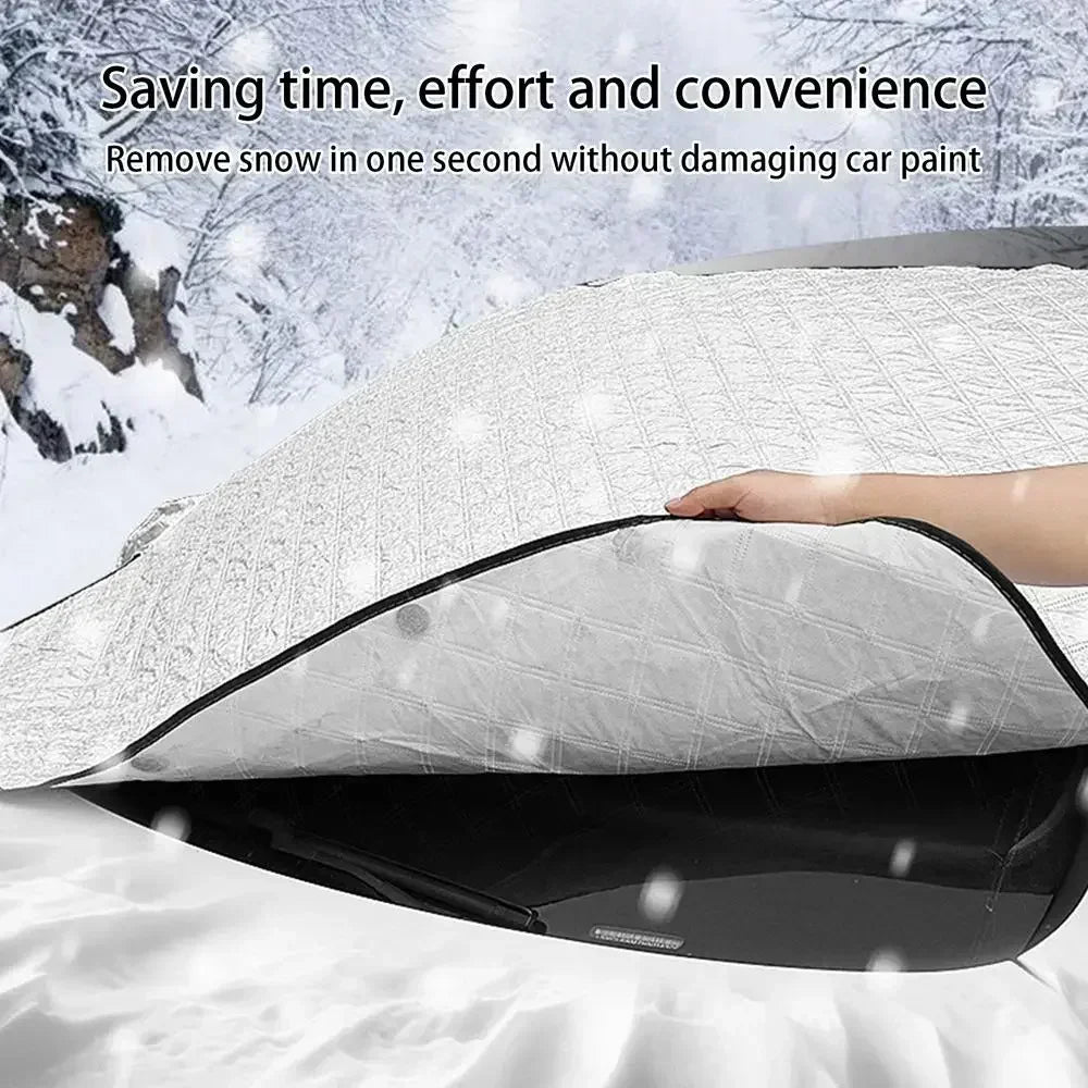 A hand is removing a black car windshield sunshade from a white blanket, demonstrating its ease of use.