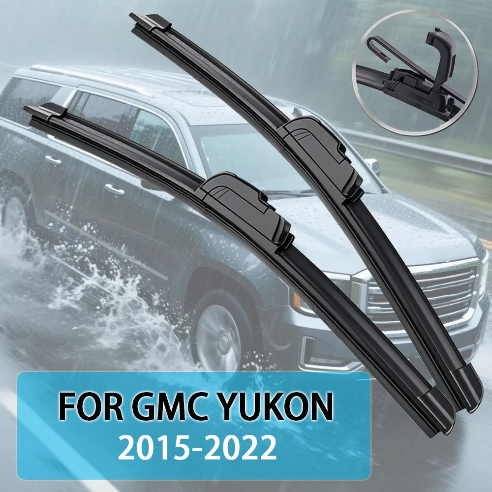 Ersatzwiperblätter für einen GMC Yukon, mit schwarzen Blättern und Befestigungselementen.