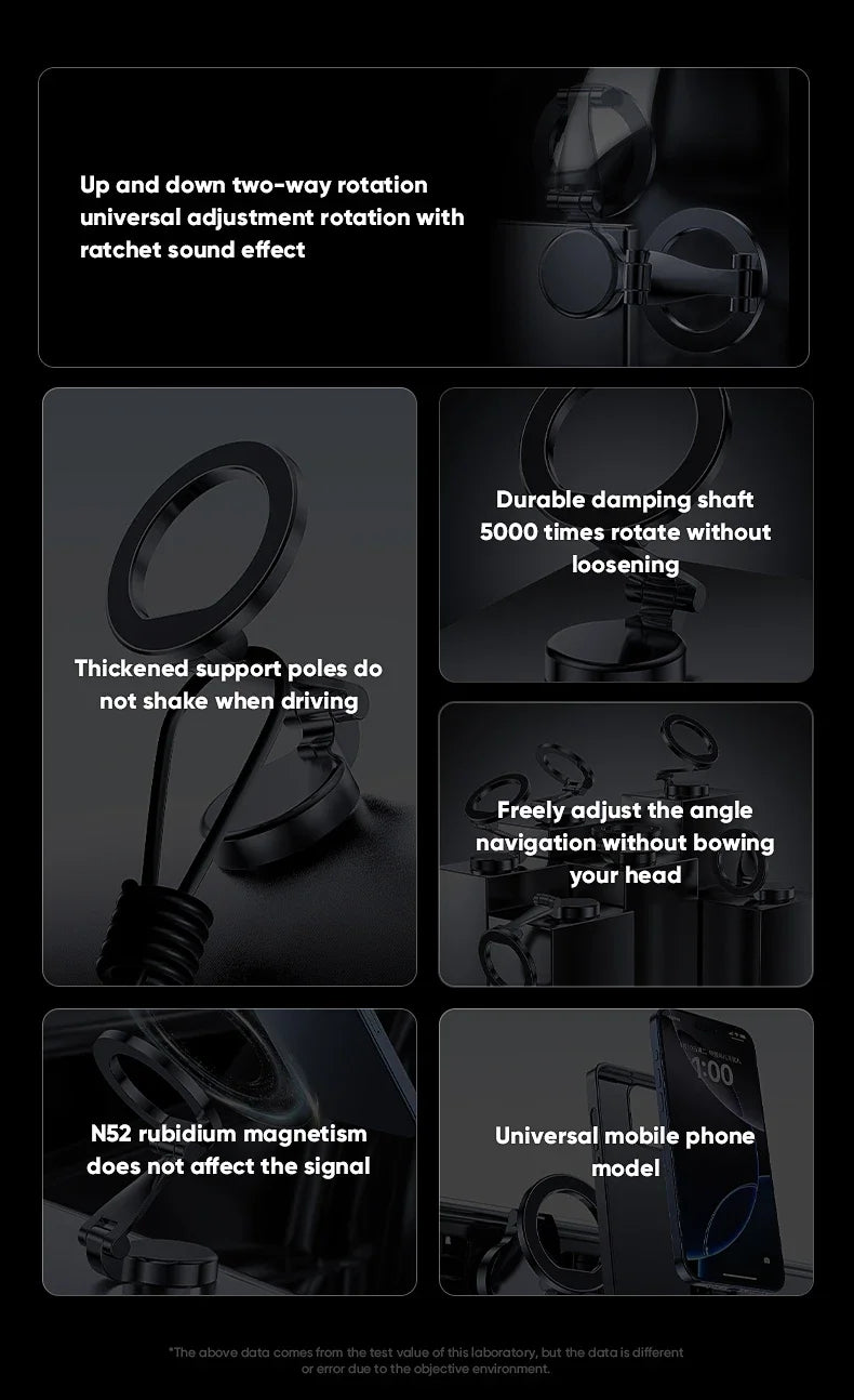 A set of magnetic car mounts demonstrating features like two-way rotation, durable damping shaft, and adjustable angle naviga