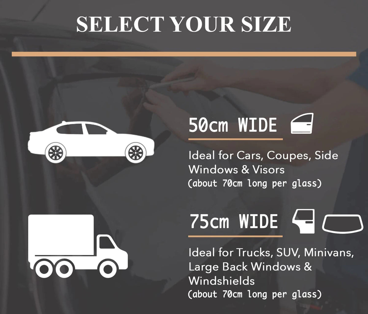 Comparison chart showing sizes of window tint film for cars and trucks, detailing width and suitability.
