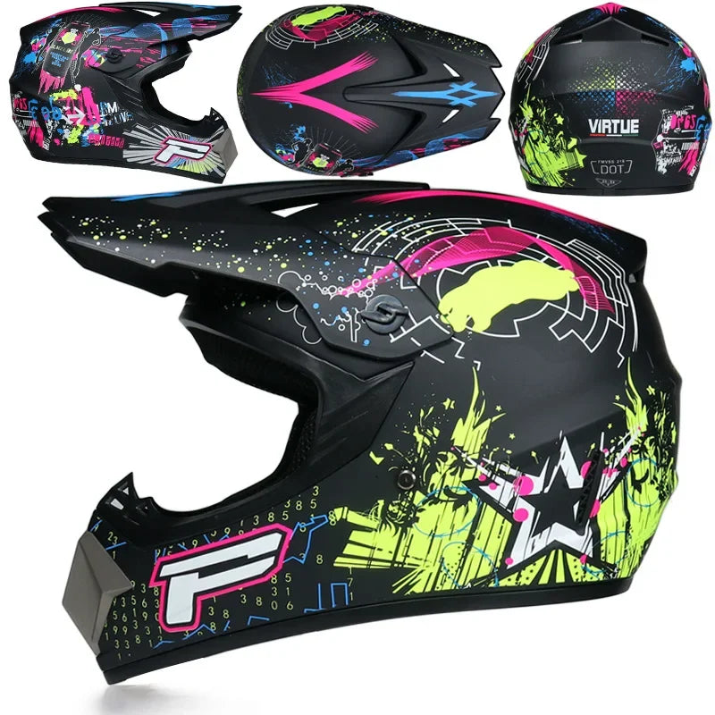 A black and neon green kids and motorcycle off-road safety helmet shown in various angles.