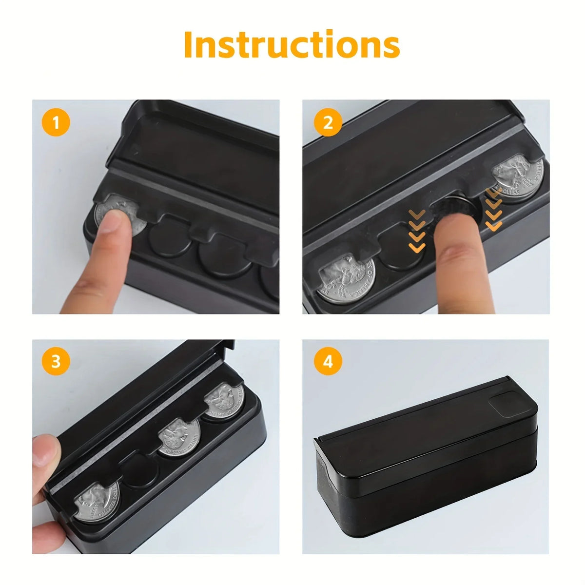 Instructions showing how to open and close a universal coin storage box for car and home