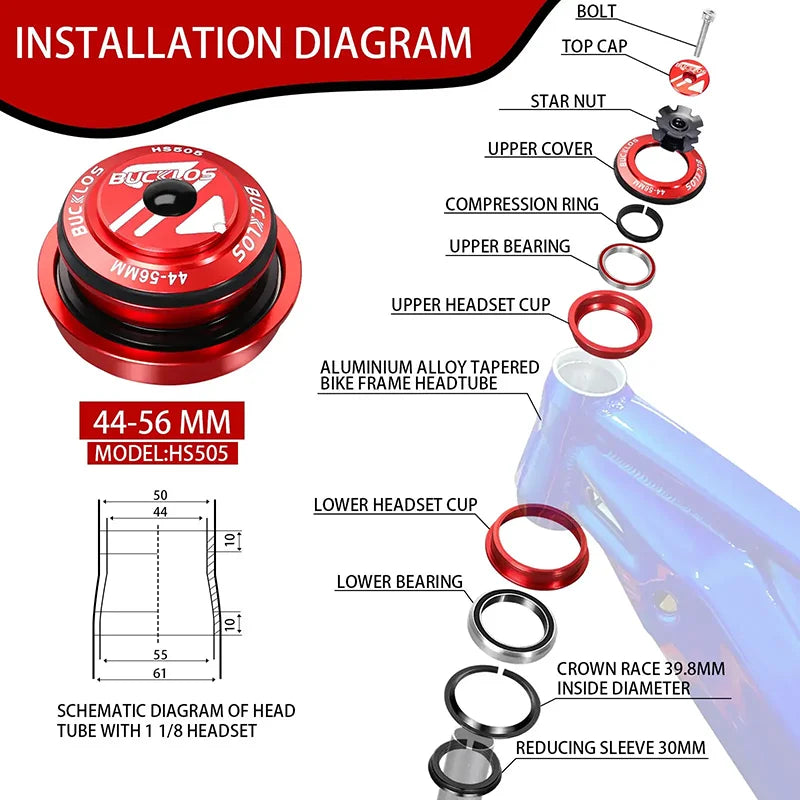 Installation diagram showing components of a 44-56 mm bicycle headset including bearing, cups, and bolts.