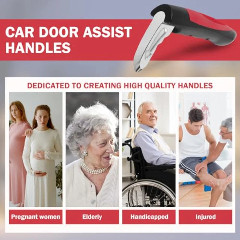 A close-up of a black and red car door assist handle designed for seniors, shown alongside images of pregnant women, elderly 