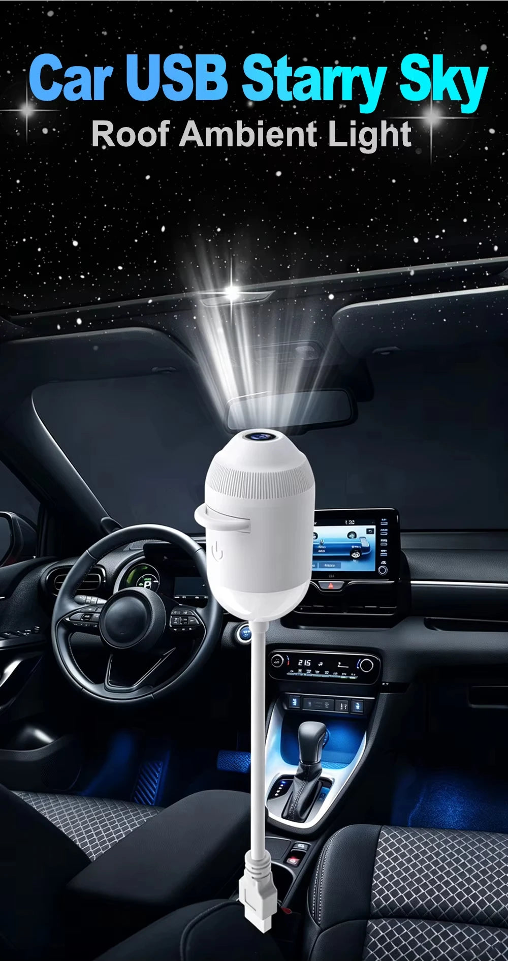 A white Car USB Starry Sky roof ambient light projector installed in a car interior