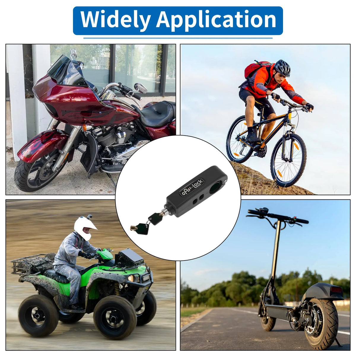 A collection of products including a motorcycle, a bicycle, and an electric scooter with a handlebar security lock.