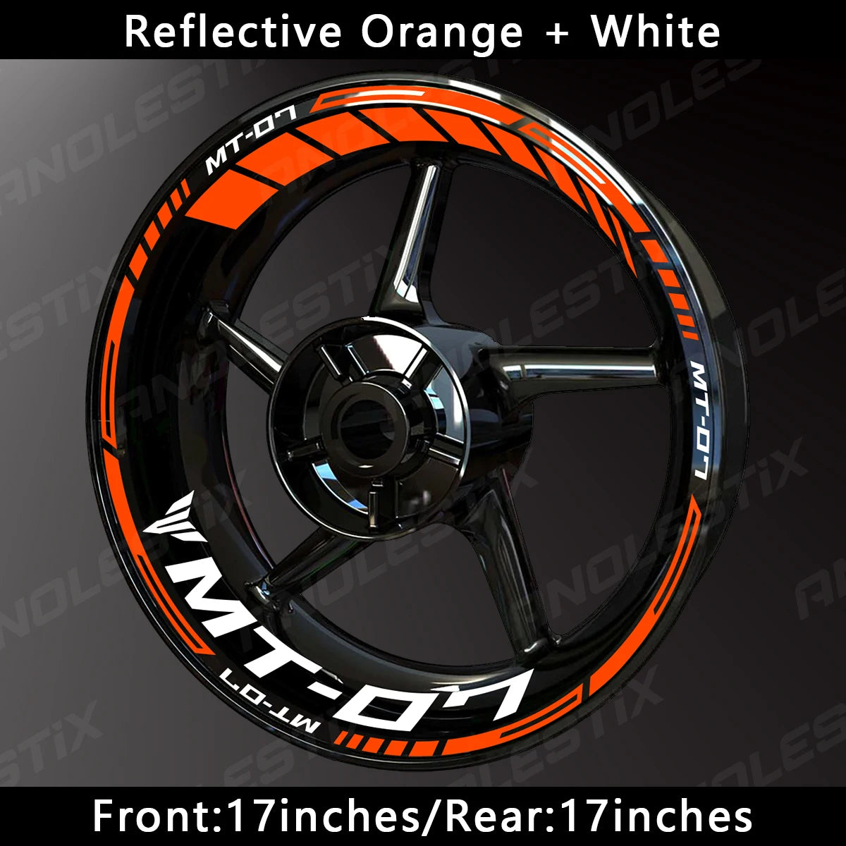 Reflective orange and white decals on a motorcycle wheel for the Yamaha MT-07.