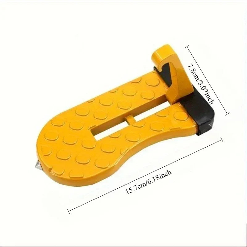 Yellow foldable car door step pedal and roof access hook with measurements shown.