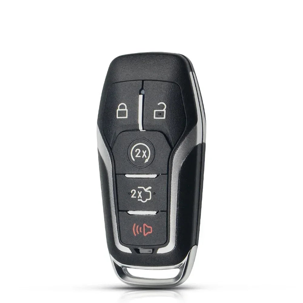 A black Ford Smart Key shell replacement case with multiple buttons and a silver grip.