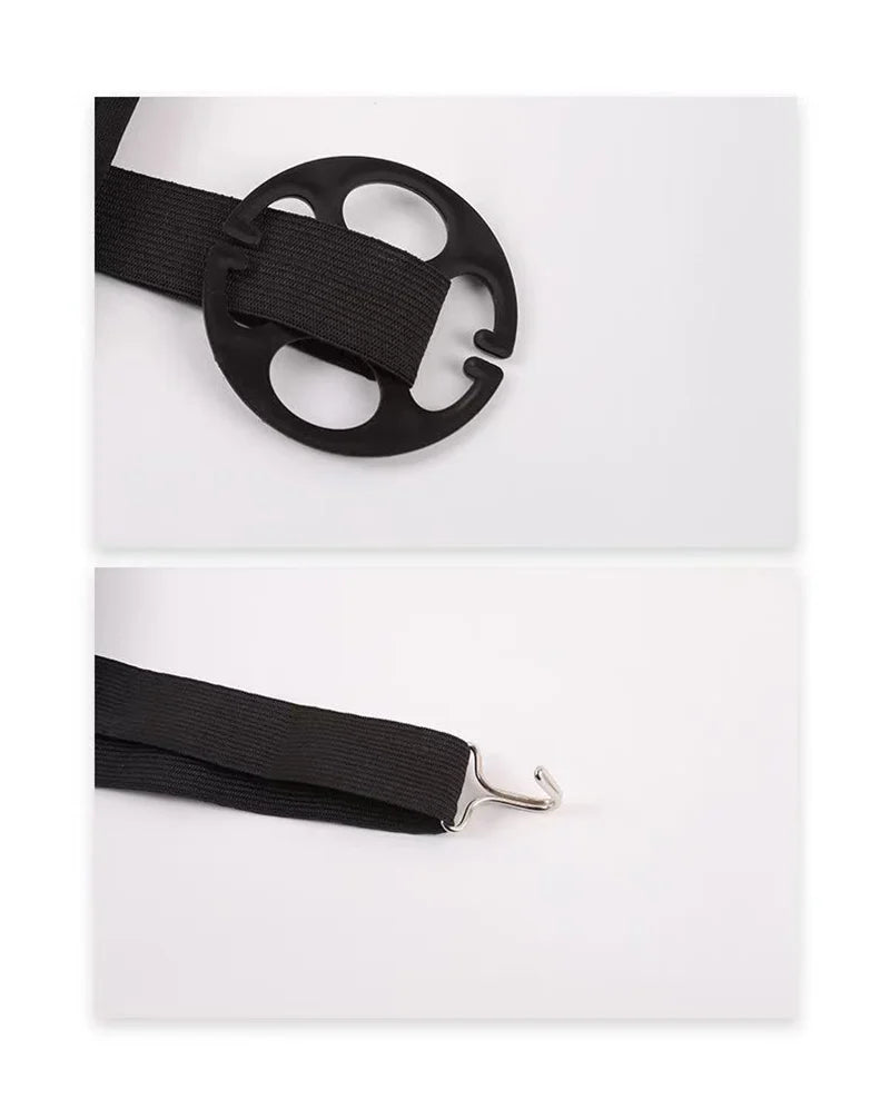 A black breathable ice silk car seat cushion with a strap and clip shown in two views.