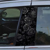 Black rose floral decal set applied to the B-pillar of a car window.
