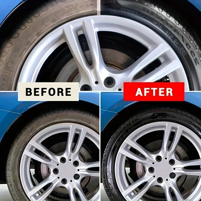 Before and after comparison of a car tire using a restorer wax for gloss and protection