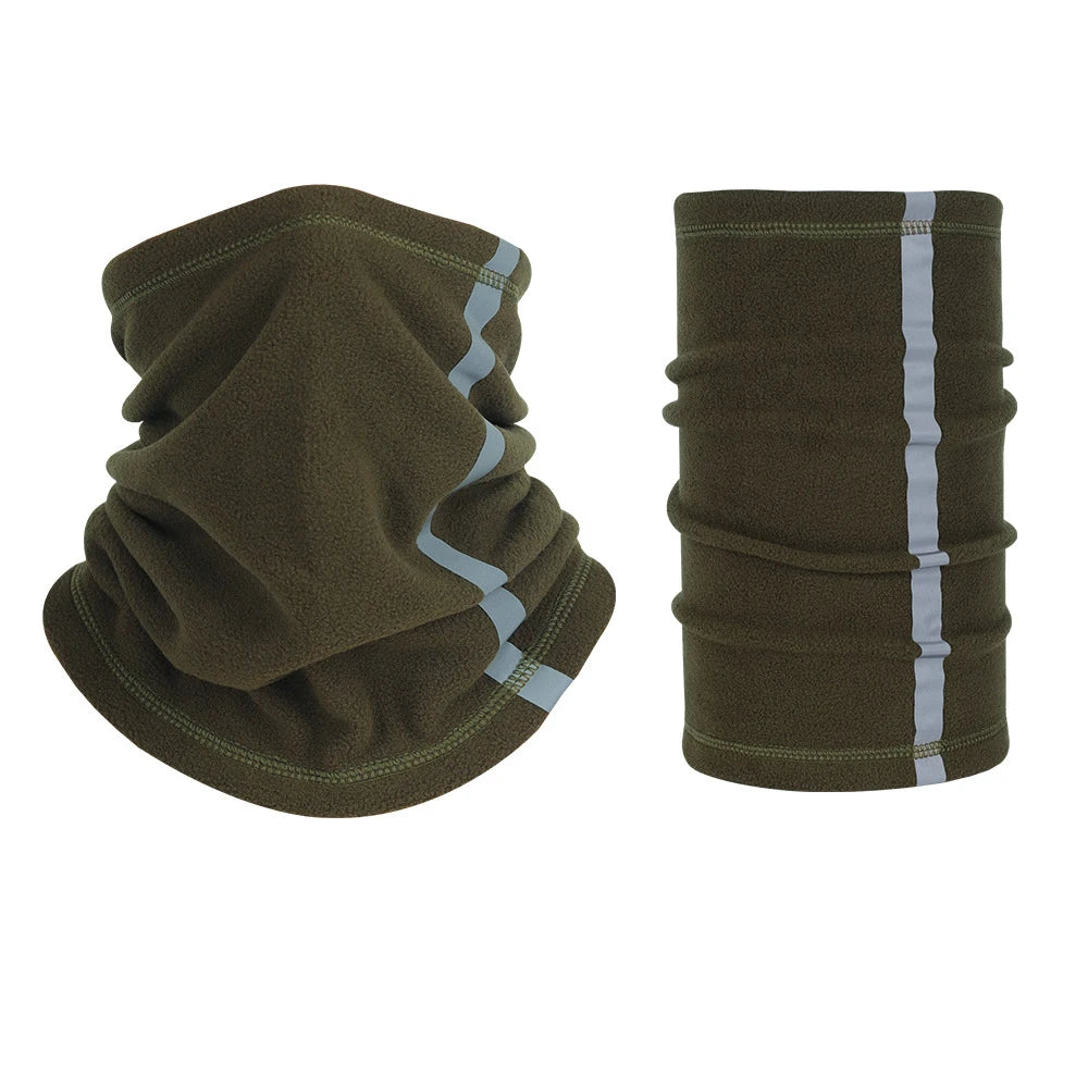 Olive green fleece neck warmer scarf with light gray stripes, shown in two views.