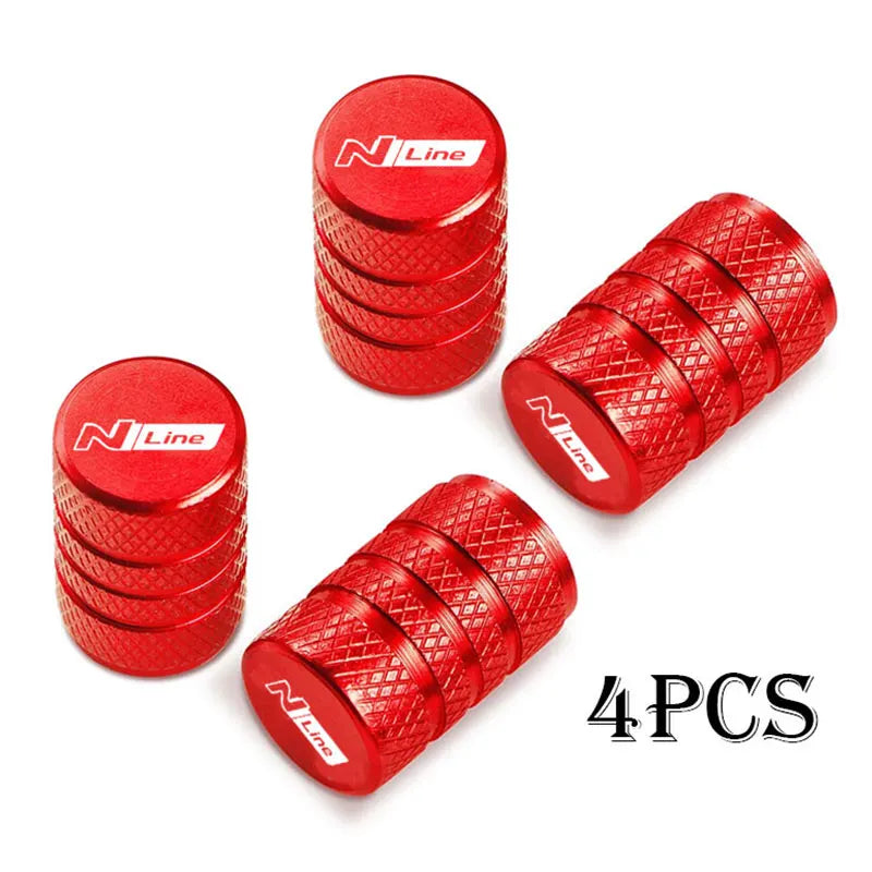 Set of four red CNC aluminum tire valve caps with N Line branding