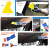 A tool kit for blade replacement and vinyl wrapping on car surfaces, showing before and after results.