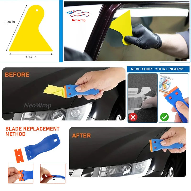 A tool kit for blade replacement and vinyl wrapping on car surfaces, showing before and after results.