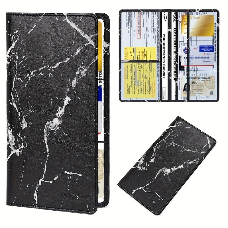A black faux leather car document organizer with a marbled pattern and a clear plastic sleeve.