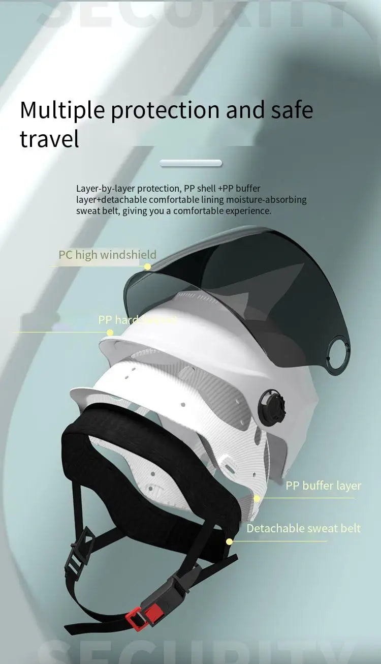 A white and black half helmet is shown with various protective layers including a PP shell, buffer layer, and detachable swea