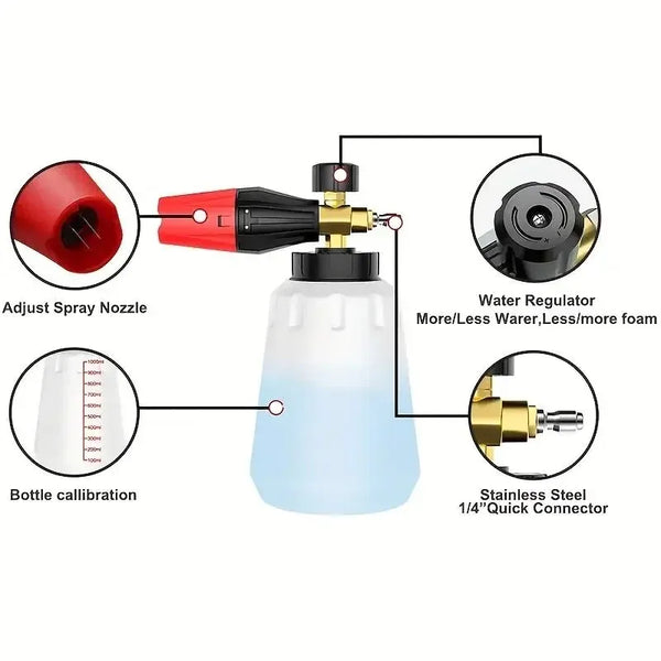 Diagram showing components and features of a heavy duty snow foam cannon including the spray nozzle, water regulator, and bot