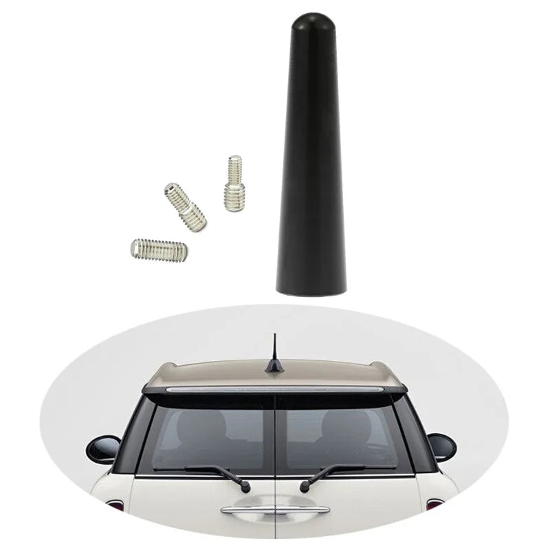 A black universal car radio antenna mount with threaded components shown above a white car.