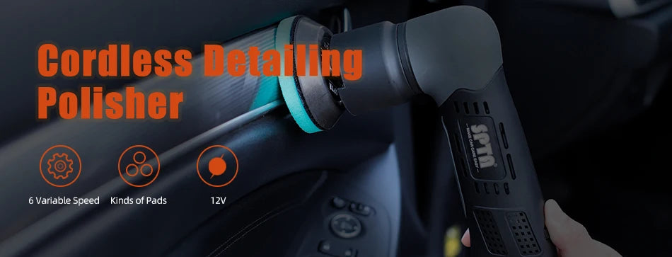 A cordless detailing polisher is shown being used on a car's interior surface.