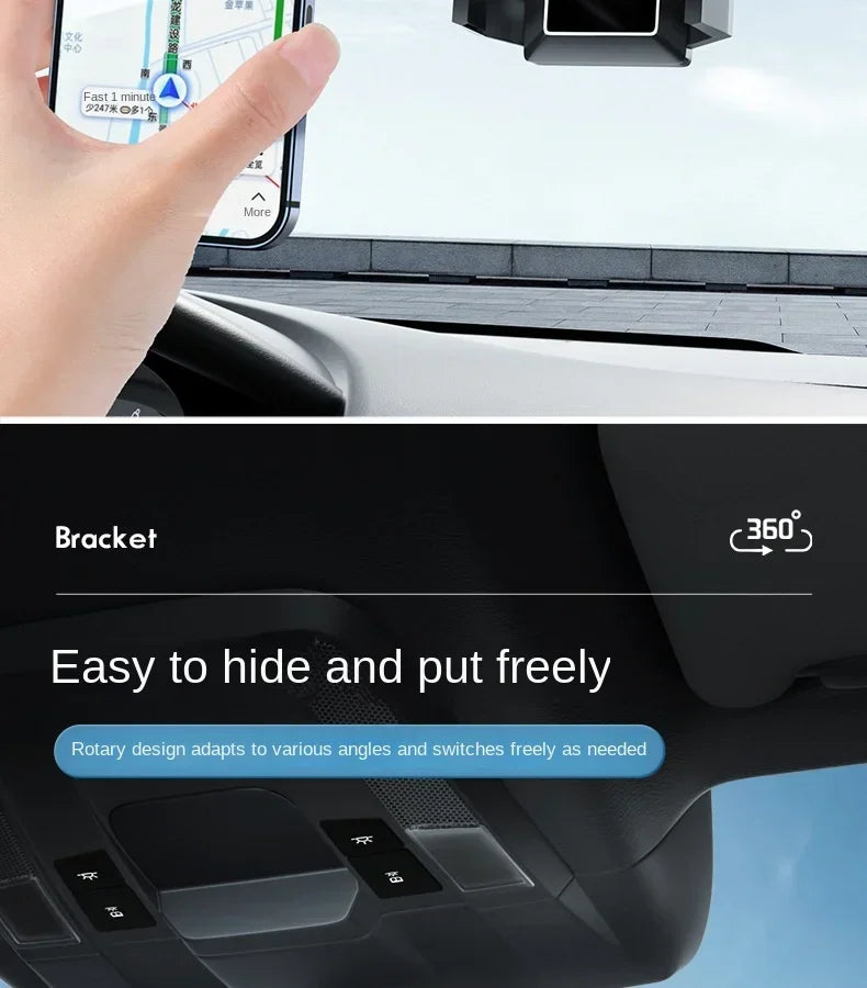 A black bracket for a car phone mount designed to easily hide and put freely.