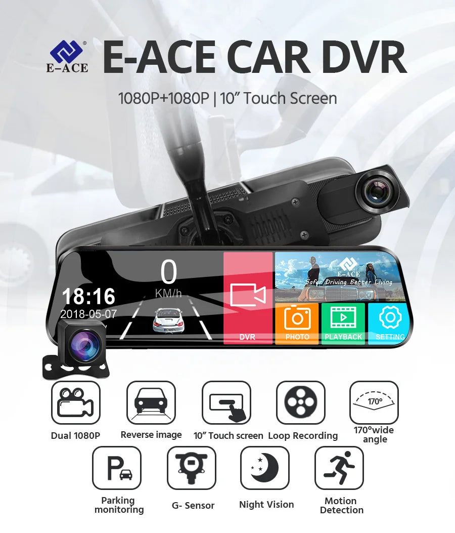 Enregistreur DVR E-ACE noir avec écran tactile de 10 pouces et fonctions de surveillance dans un véhicule.
