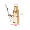 A brass portable inflatable tire pump with a metal handle and threaded nozzle, shown in a side view.