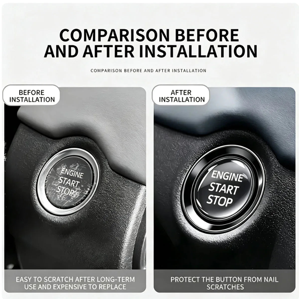 Comparison showing a before and after installation of an engine start stop button protector on a car ignition.