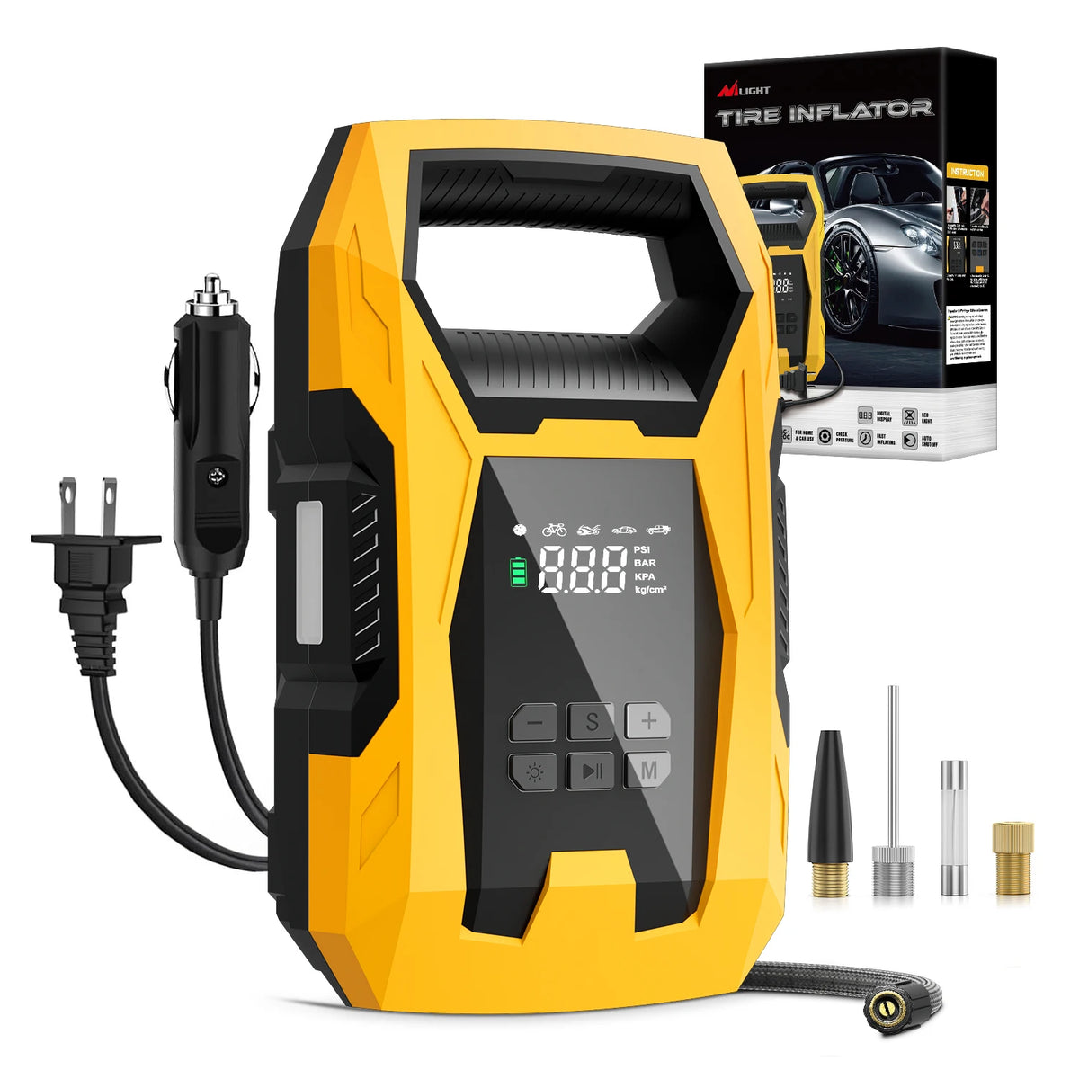 A yellow portable tire inflator device with a black battery and charging cable, next to its box.