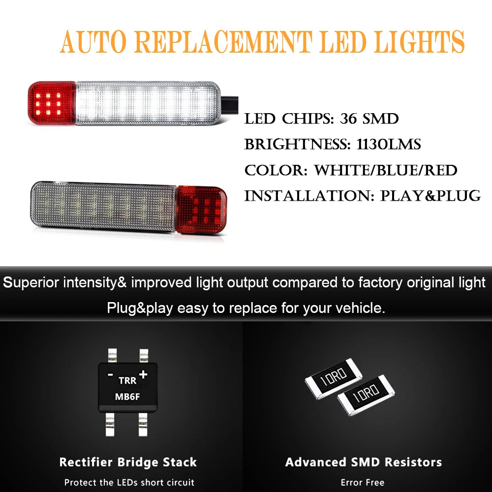 Auto replacement LED lights featuring 36 SMD chips with white/blue/red color options and plug&play installation