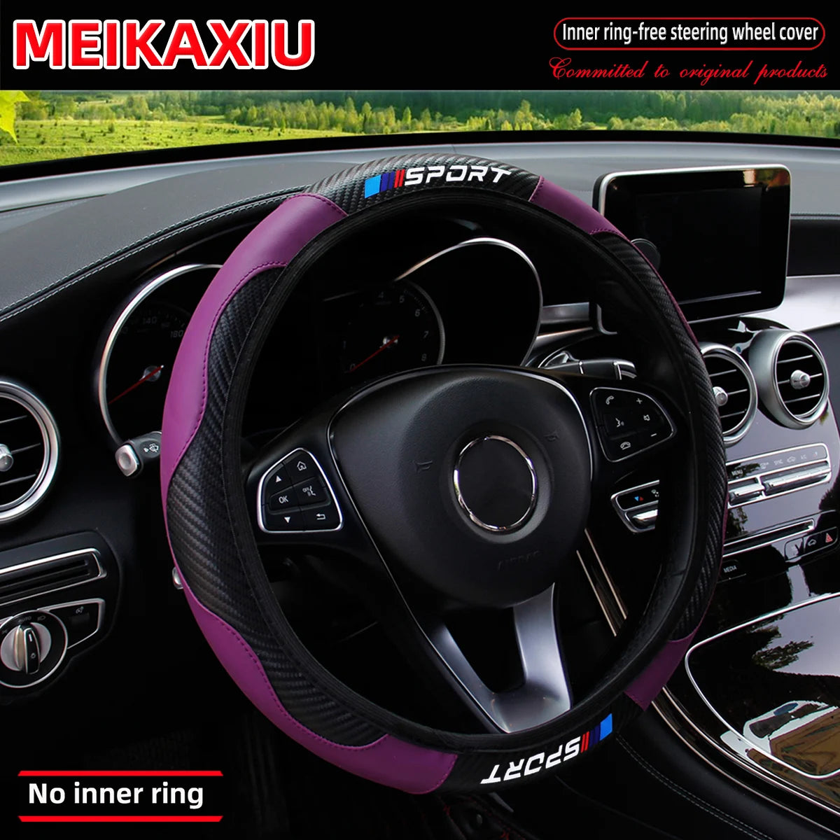 Purple and black sport steering wheel cover for a car interior.