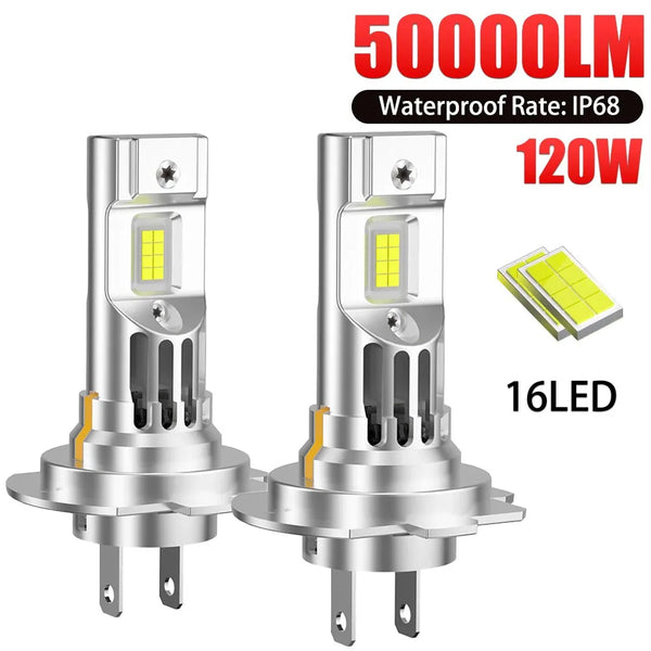 A silver LED automotive headlight bulb with a waterproof rating of IP68 and 16 LEDs.