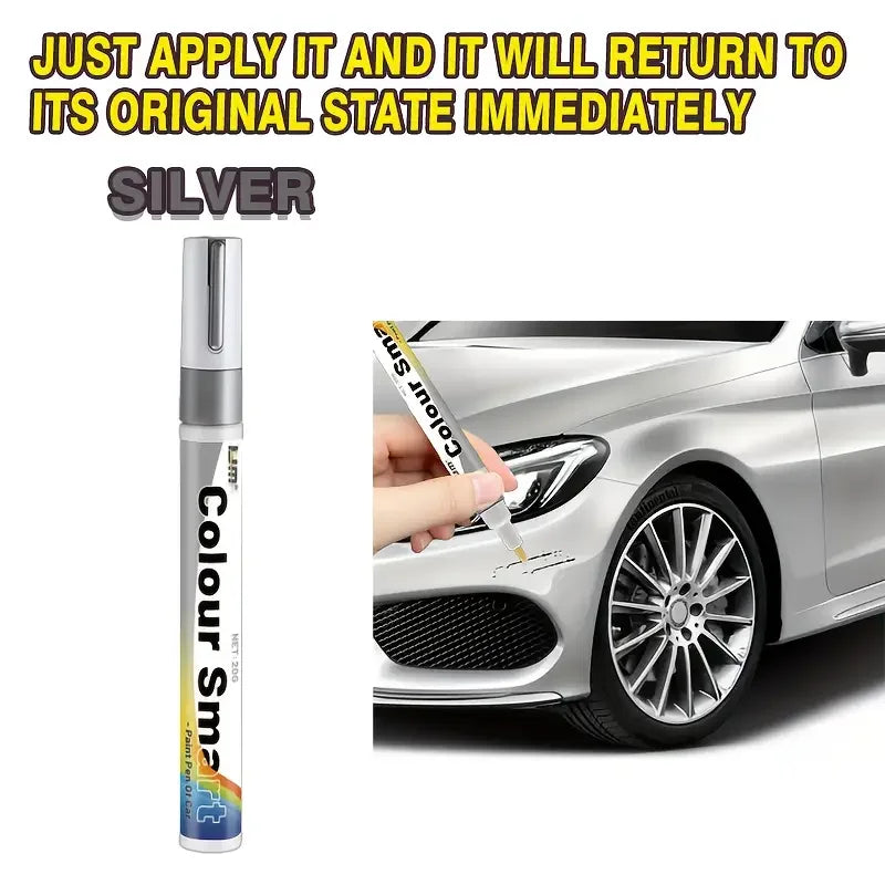 Silberfarbener, farbwechselnder Autokratzreparaturstift neben einem silbernen Auto