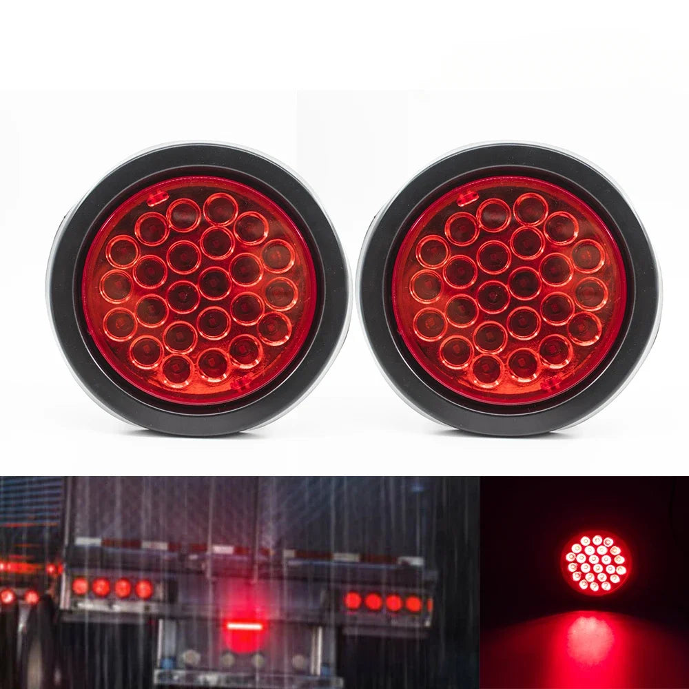 A pair of round LED trailer tail lights with brake and turn signal lenses shown alongside an installation example.