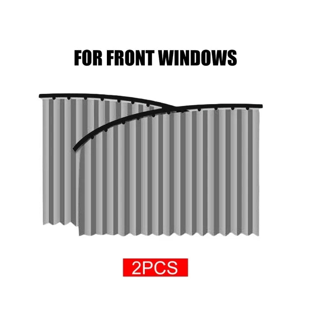 Two magnetic car window sun shades shown in a vertical, ribbed design for front windows.
