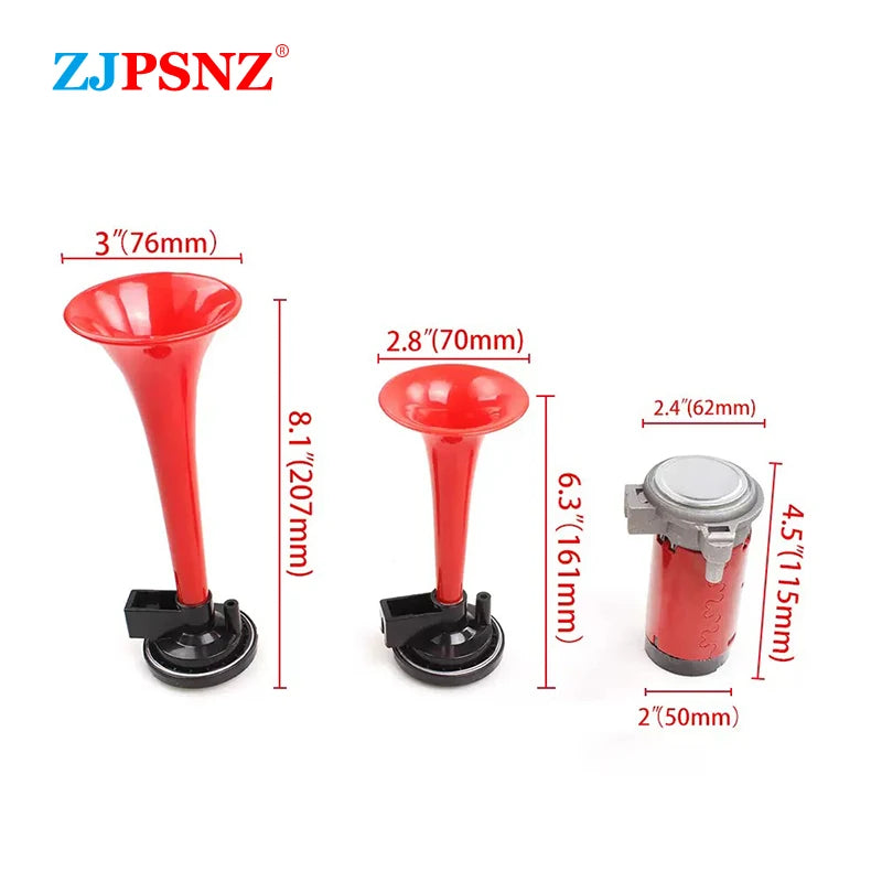 Red air horn kit with compressor and various sized horns for vehicles