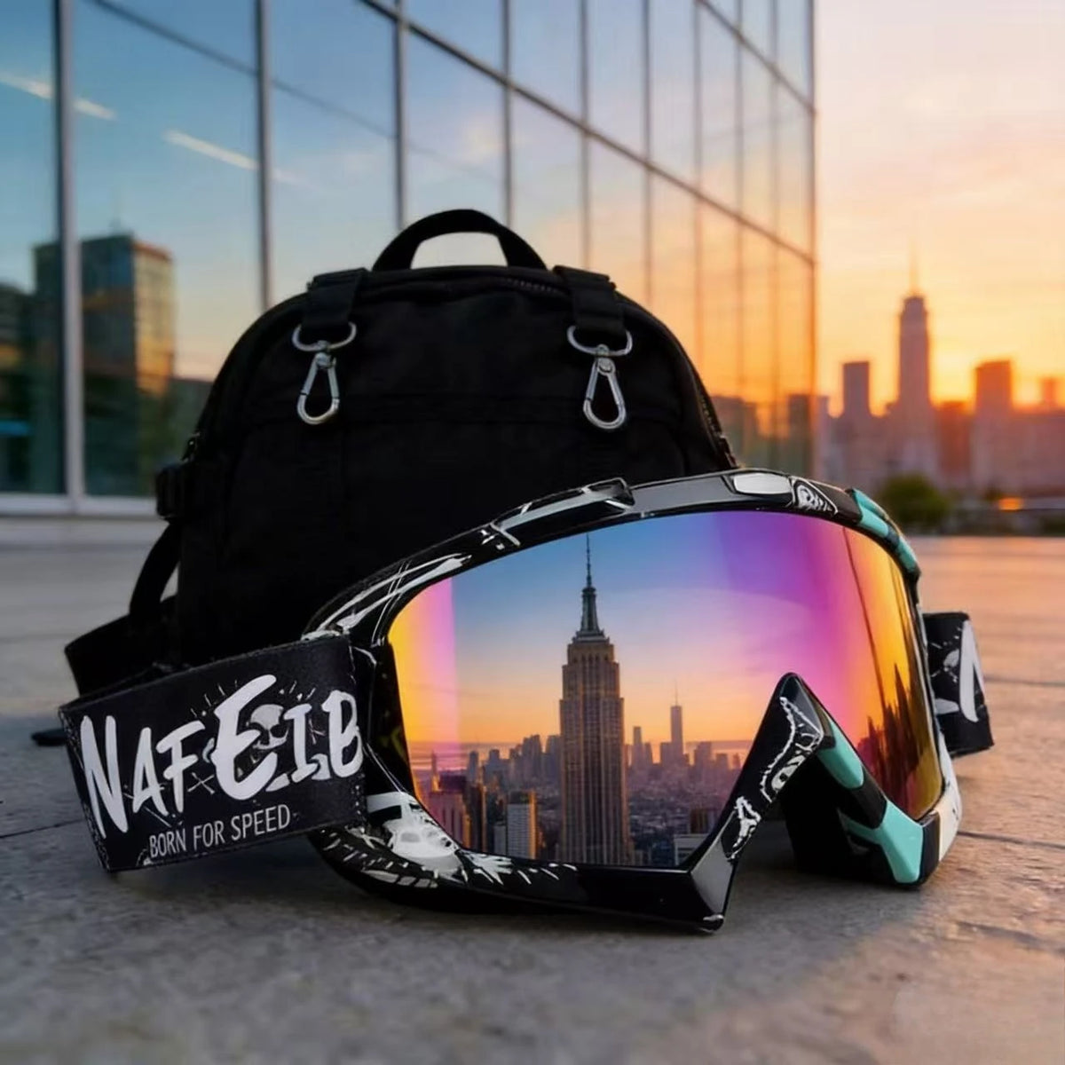 A pair of multi-color noseless motorcycle goggles resting on a black backpack in an outdoor setting at sunset.