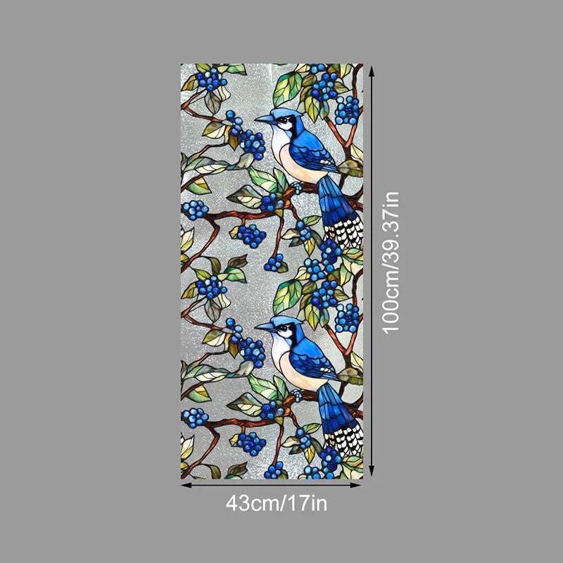 Decorative PVC stained glass window film featuring blue and white birds among green leaves and blue berries