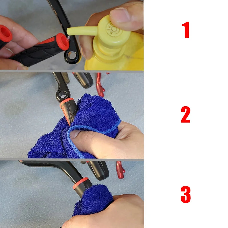 Three steps showing how to install universal motorcycle brake lever covers on a lever.