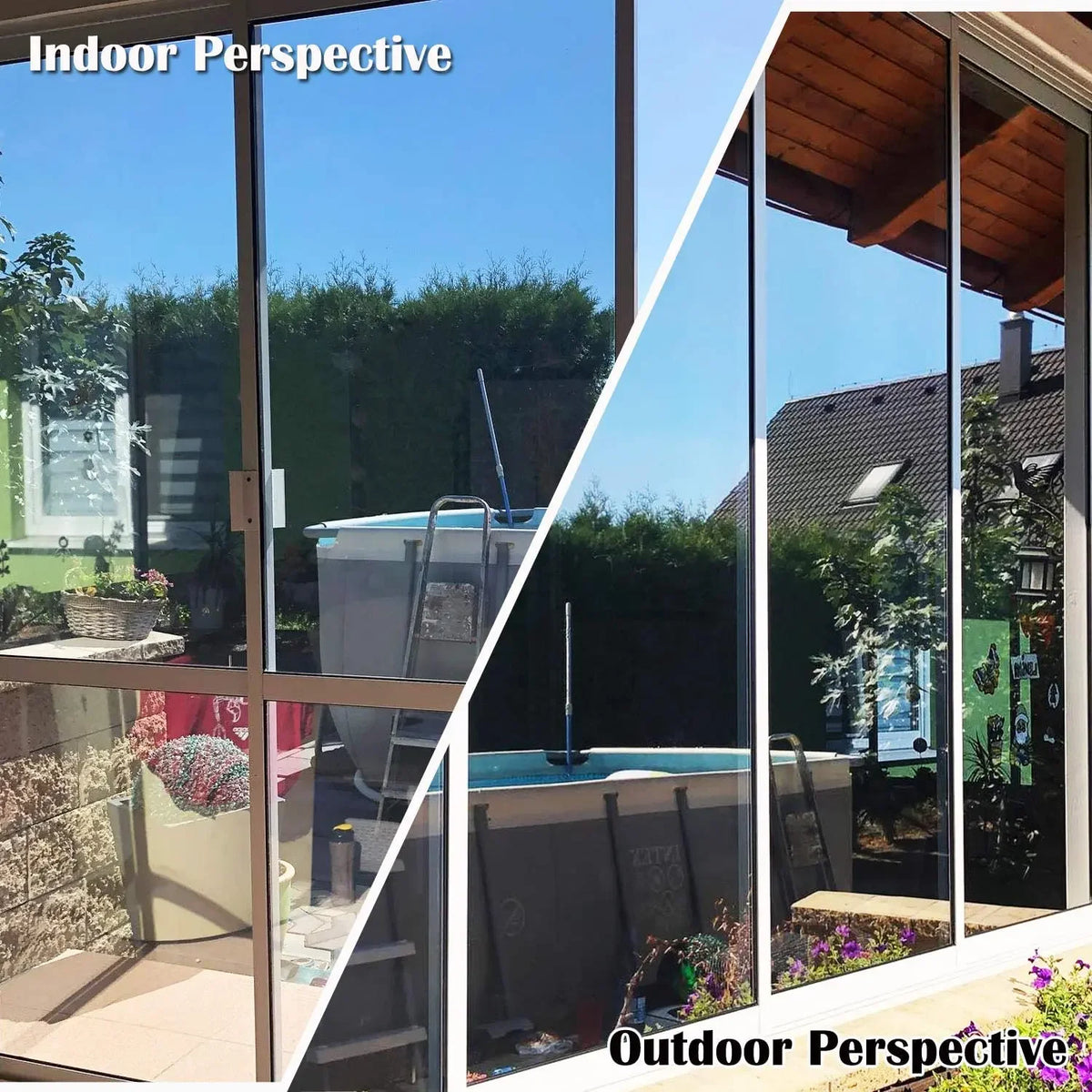 Indoor and outdoor perspectives of a silver reflective privacy window film on glass windows.