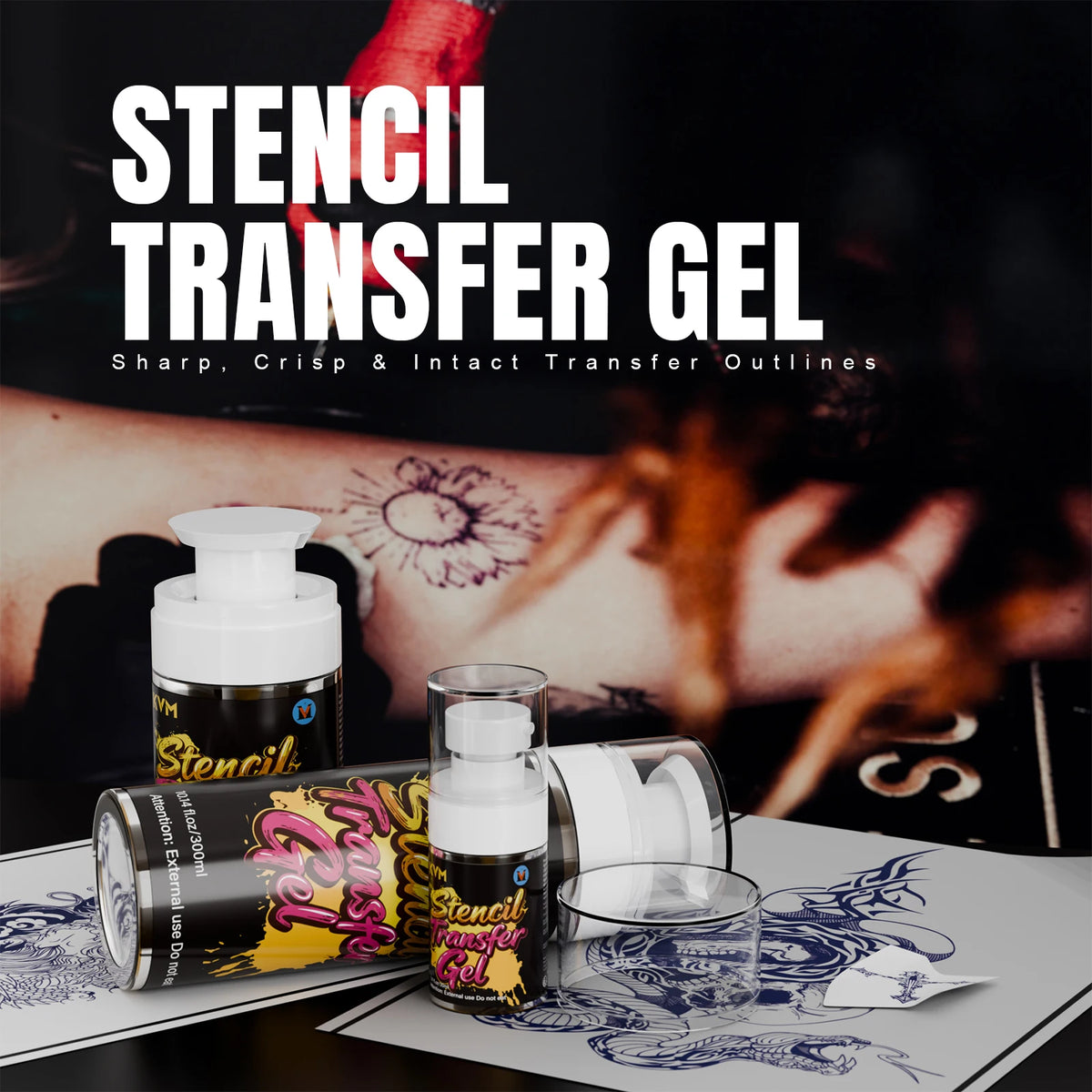 A bottle of Stencil Transfer Gel alongside a roll of stencil transfer outlines and a piece of paper with tattoo designs.